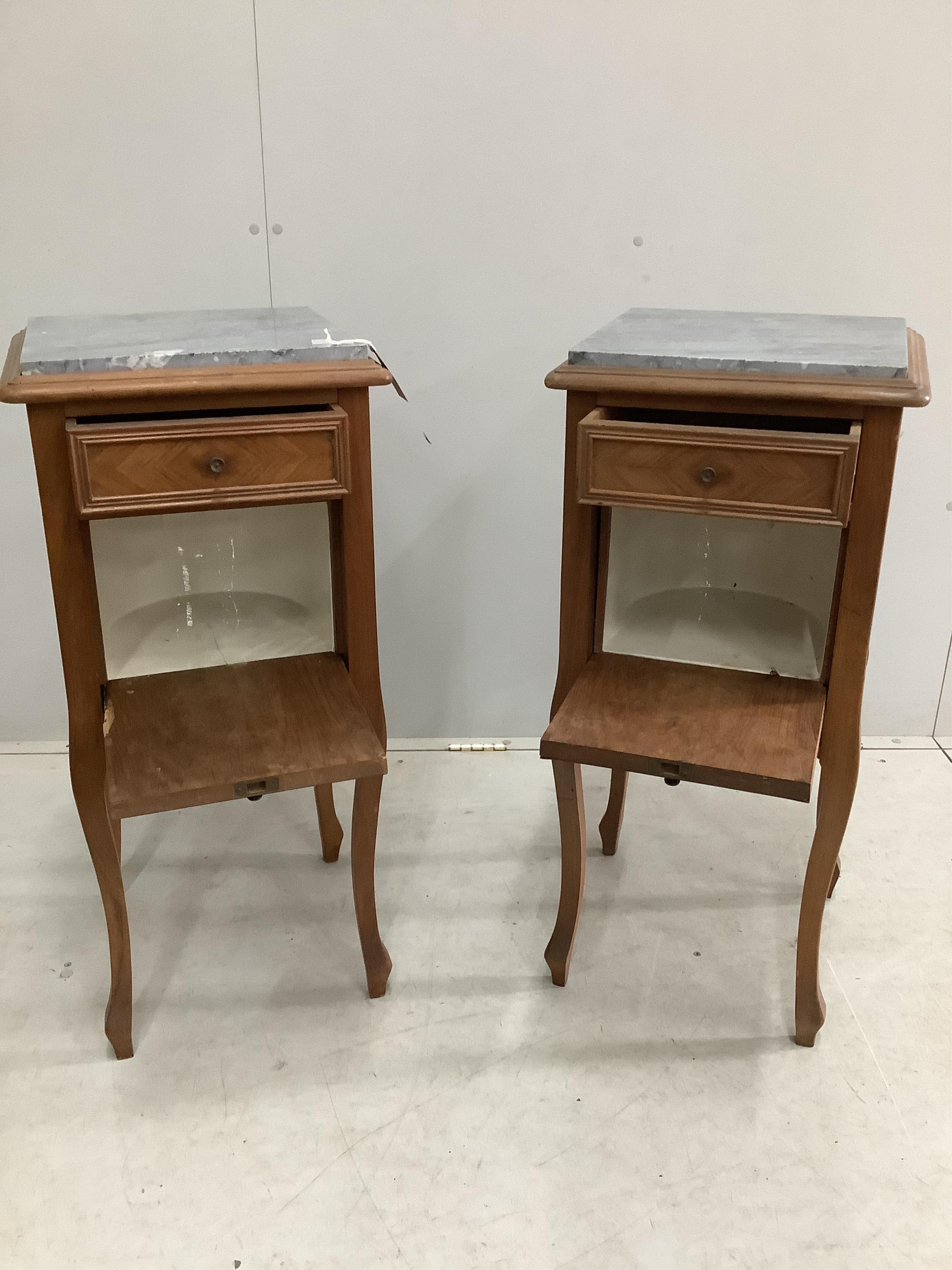 A pair of French marble top walnut bedside cabinets, width 38cm, depth 38cm, height 85cm. Condition - fair to good